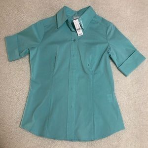 Teal & white stripe, button down, 3/4 sleeve shirt